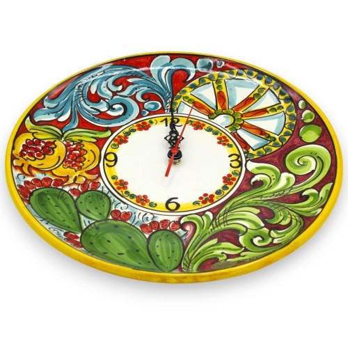 Reloj de cerámica Caltagirone, varios tamaños (1ud) Con engranaje, decoración barroca, fondo granada, rojo y burdeos -  2