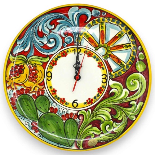 Orologio in ceramica Caltagirone, varie misure (1Unità) Con Ingranaggio, decoro barocco, melograno, fondo rosso e bordea