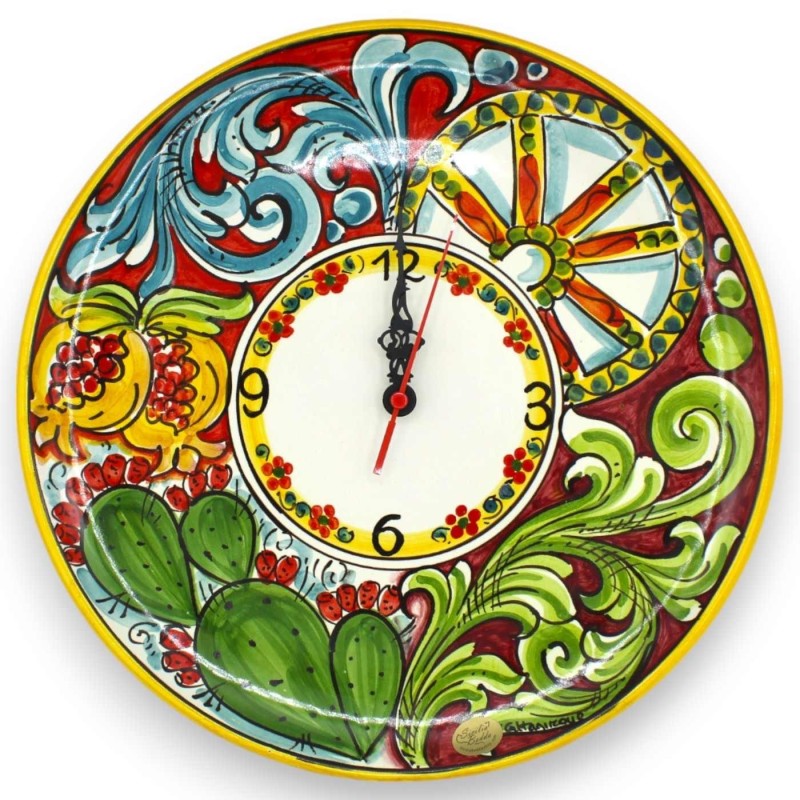 Keramische klok van Caltagirone, verschillende maten (1st) Met tandwiel, barokke decoratie, granaatappel, rode en bordea
