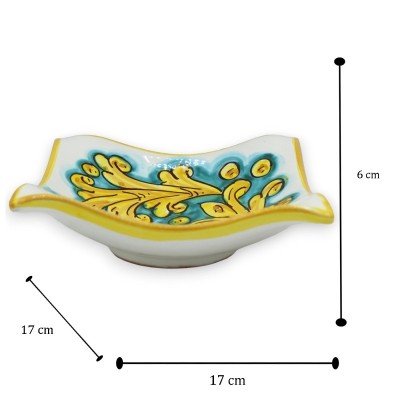 Taschentuch-Taschenleerer aus Caltagirone-Keramik, L 17 x 17 x H 6 cm ca. Barocke Dekoration auf Grünspan-Hintergrund - 