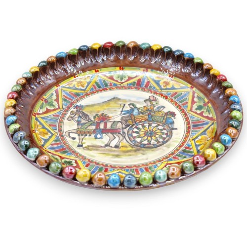 Ornamental Pigna Plate in Caltagirone ceramic - Ø approx. 35 cm Sicilian cart decoration and mother-of-pearl enamel -  2