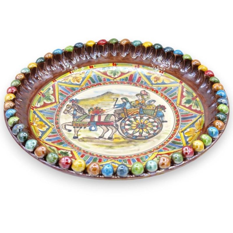 Assiette ornementale Pigna en céramique Caltagirone - Ø env. Décor de charrette sicilienne et émail nacre - 