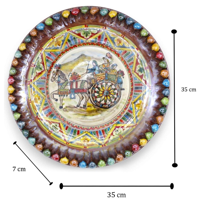 Plato ornamental Pigna de cerámica Caltagirone - Ø aprox. Decoración de carro siciliano y esmalte de nácar. - 