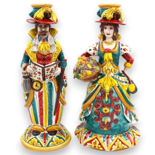 Pareja de Lumiere, "Signorotti", en cerámica de Caltagirone, altura aprox. Decoración carro siciliano MD1 - 
