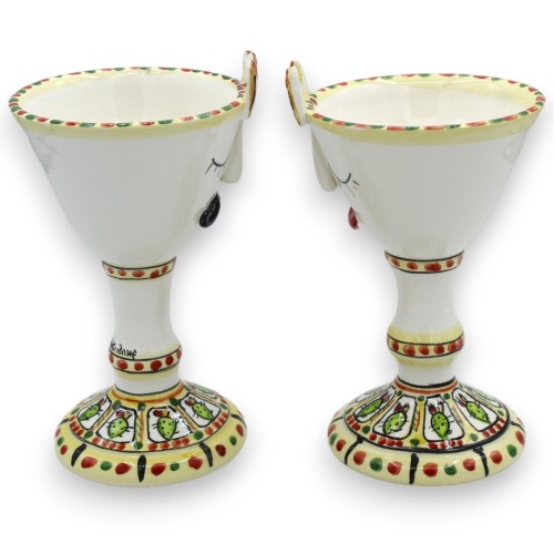 Coppia di Calici con volto e corona, in ceramica Caltagirone - h 18 cm ca. decoro ficodindia e pois -  2