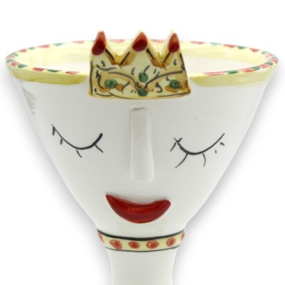 Coppia di Calici con volto e corona, in ceramica Caltagirone - h 18 cm ca. decoro ficodindia e pois - 