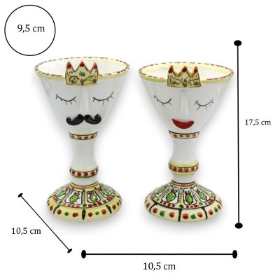 Coppia di Calici con volto e corona, in ceramica Caltagirone - h 18 cm ca. decoro ficodindia e pois - 
