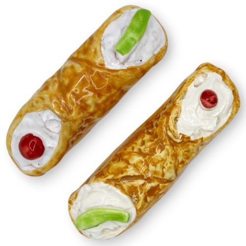 Caltagirone ceramic magnet in the shape of a Sicilian Cannolo, L 14 x 4 cm approx. (1pc) - 