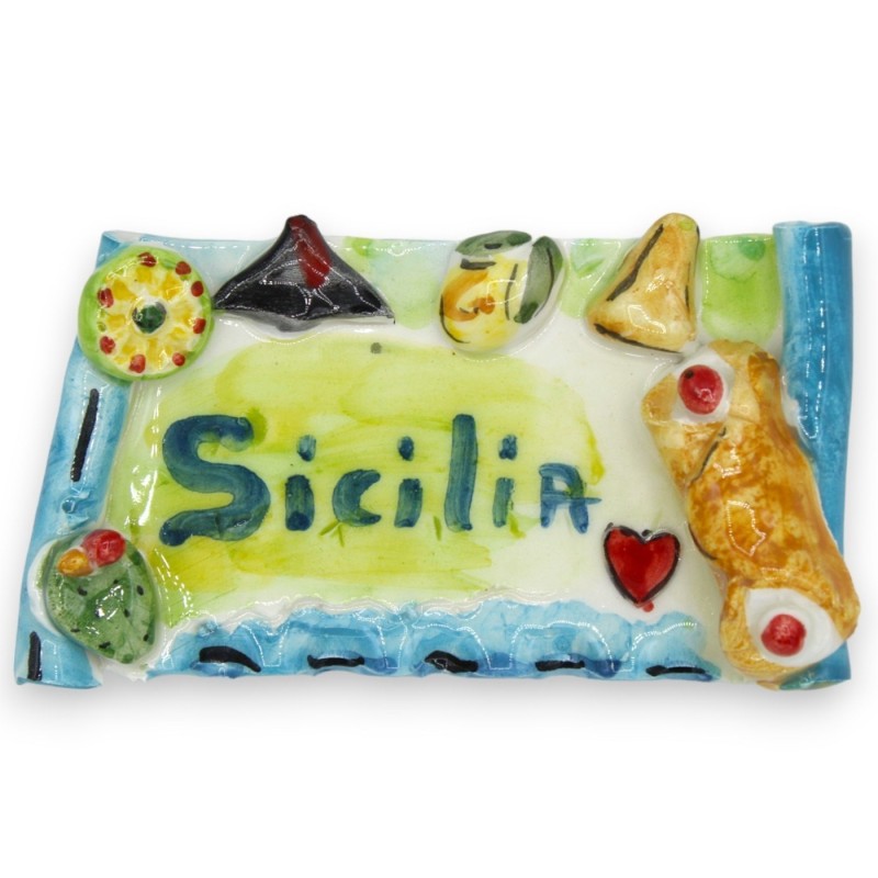 Giant magnet, Caltagirone ceramic, parchment shape, L 13 x 7 cm approx. (1 unit) applications of Sicilian elements - 
