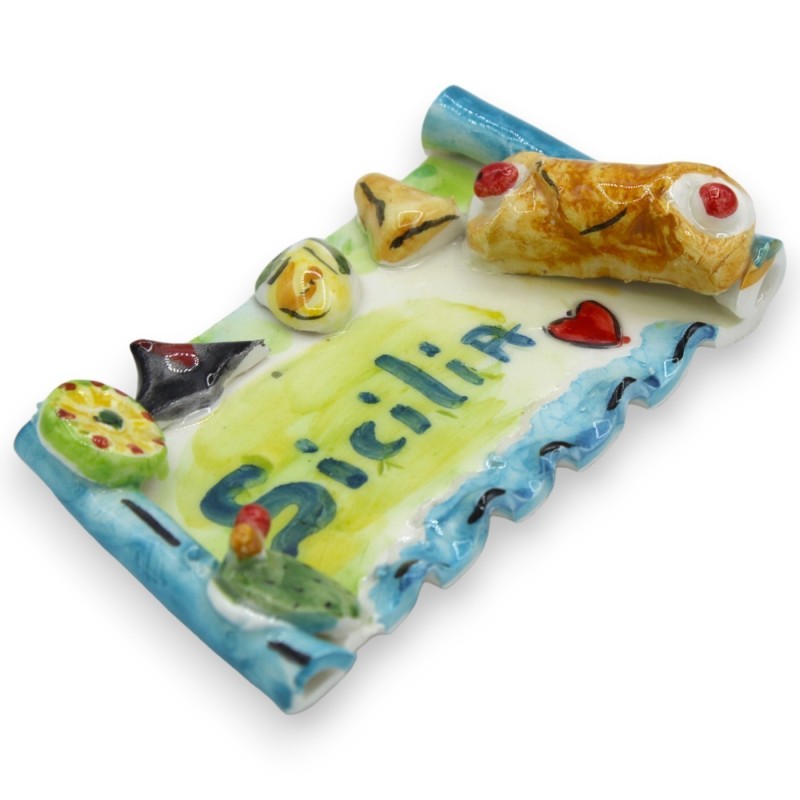 Giant magnet, Caltagirone ceramic, parchment shape, L 13 x 7 cm approx. (1 unit) applications of Sicilian elements - 