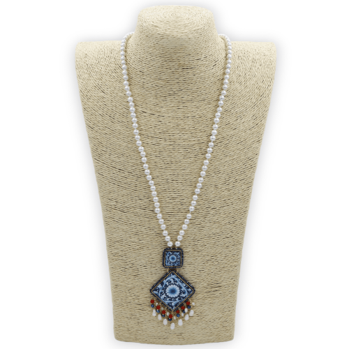 copy of Necklace with natural pearls and inserts of lava stone and Sicilian majolica tiles, L 65 + 9 cm approx. - 