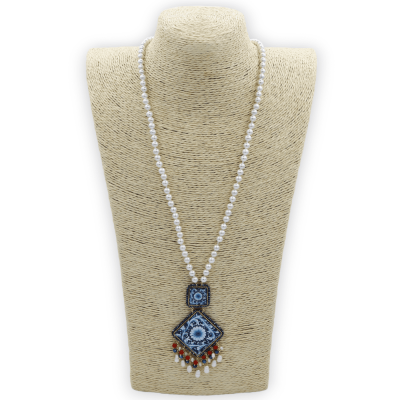 Collana con Perle naturali e inserti di mattonelline in pietra lavica e maioliche siciliane, L 65 + 9 cm ca. - 