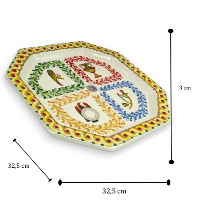 Achthoekig plat dienblad, keramiek van Caltagirone, ca. L 32 x 32 cm. vlechtwerk en Siciliaanse bijlenversiering - 