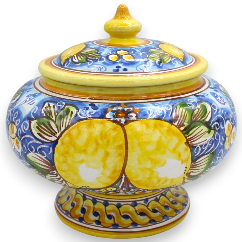 Keksdose oder Schmuckdose mit Stiel, aus Caltagirone-Keramik – Ø 22 x H 20/22 cm ca. Zitronen Dekoration - 