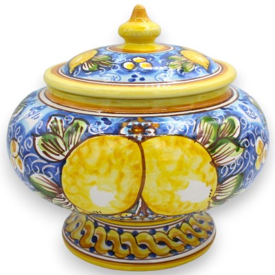 Pote para biscoitos ou caixa para joias com haste, em cerâmica Caltagirone - Ø 22 x h 20 / 22 cm aprox. Decoração de lim