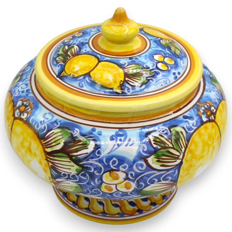 Pote para biscoitos ou caixa para joias com haste, em cerâmica Caltagirone - Ø 22 x h 20 / 22 cm aprox. Decoração de lim