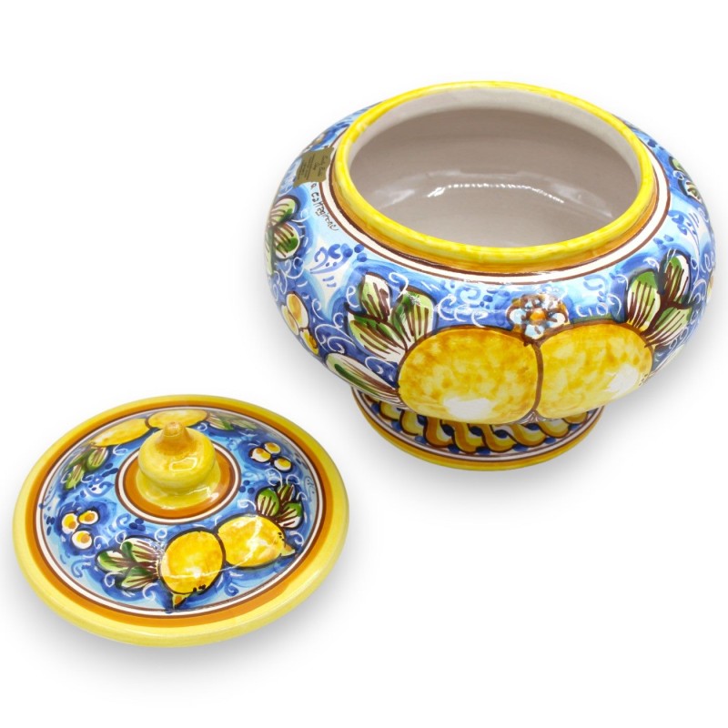 Keksdose oder Schmuckdose mit Stiel, aus Caltagirone-Keramik – Ø 22 x H 20/22 cm ca. Zitronen Dekoration - 