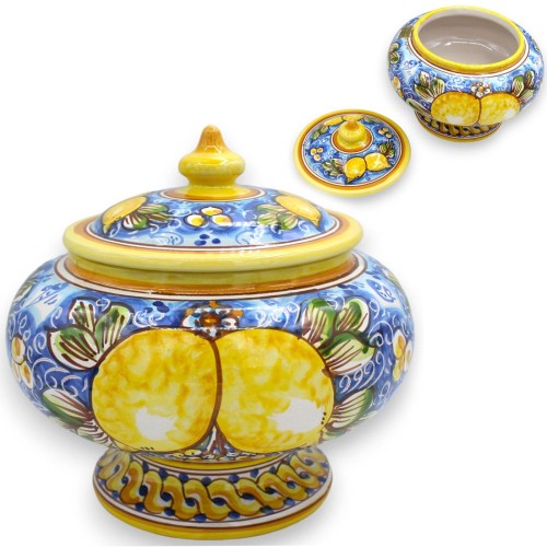 Biscottiera o Portagioie con Gambo, in Ceramica Caltagirone - Ø 22 x h 20 / 22 cm ca. decoro Limoni - 