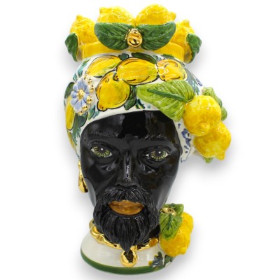 Sicilian Moorish Heads (1pc) h 30 cm approx. Caltagirone ceramic, Pure Gold Enamel, lemon decoration and applications - 