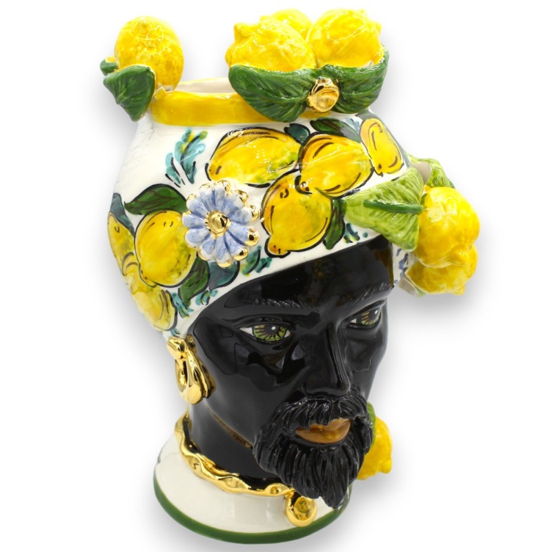Sicilian Moorish Heads (1pc) h 30 cm approx. Caltagirone ceramic, Pure Gold Enamel, lemon decoration and applications - 