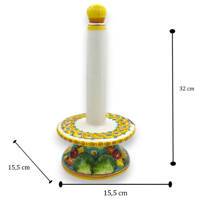 Caltagirone ceramic kitchen roll holder - h 30 and Ø 16 cm approx. braid and prickly pear decoration - 