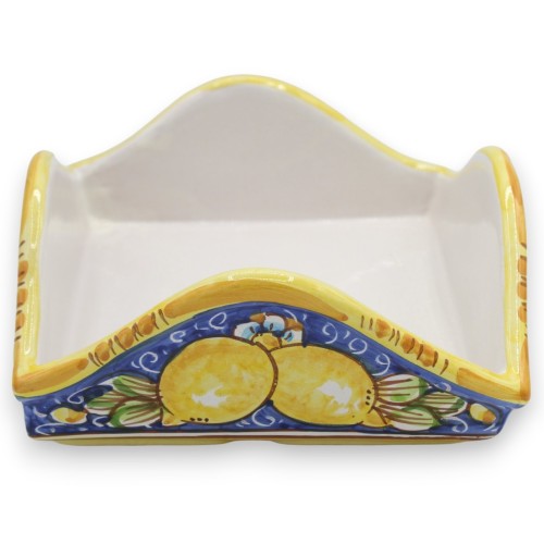 Square napkin holder, Caltagirone ceramic, L 20 x 20 cm approx. lemon decoration and blue background - 