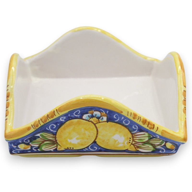 Kwadratowy stojak na serwetki, ceramika Caltagirone, dł. 20 x 20 cm ok. dekoracja cytrynowa i niebieskie tło - 