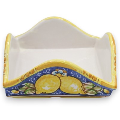Square napkin holder, Caltagirone ceramic, L 20 x 20 cm approx. lemon decoration and blue background - 