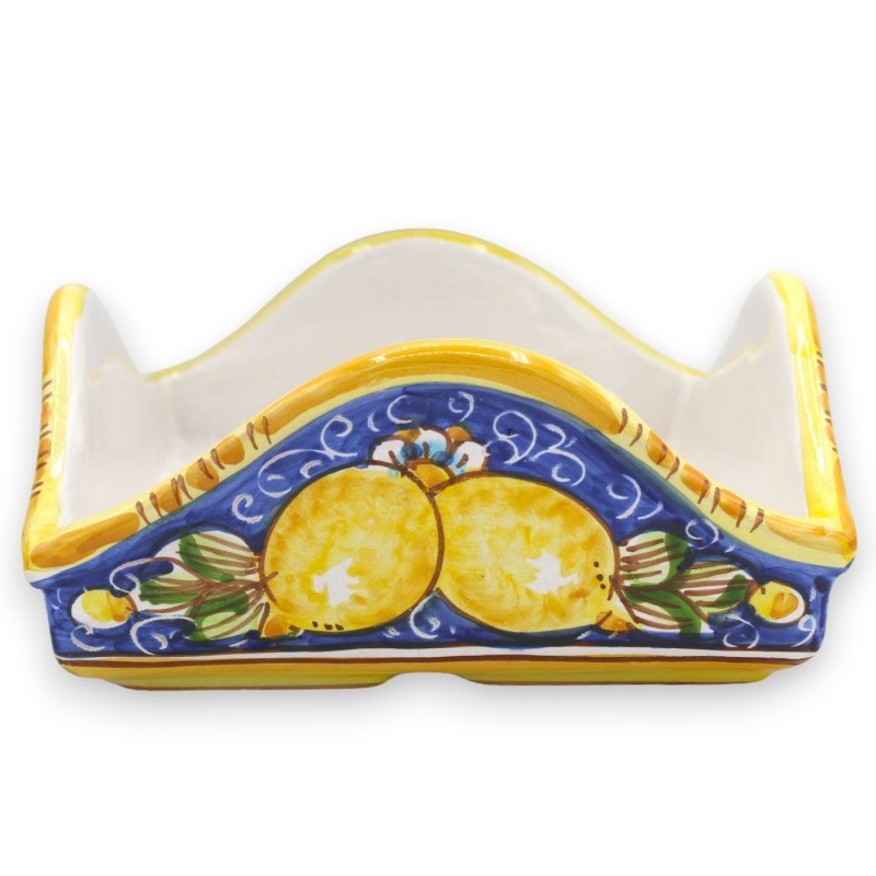 Kwadratowy stojak na serwetki, ceramika Caltagirone, dł. 20 x 20 cm ok. dekoracja cytrynowa i niebieskie tło - 