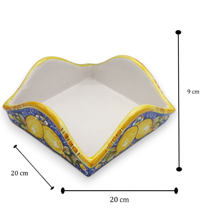 Kwadratowy stojak na serwetki, ceramika Caltagirone, dł. 20 x 20 cm ok. dekoracja cytrynowa i niebieskie tło - 