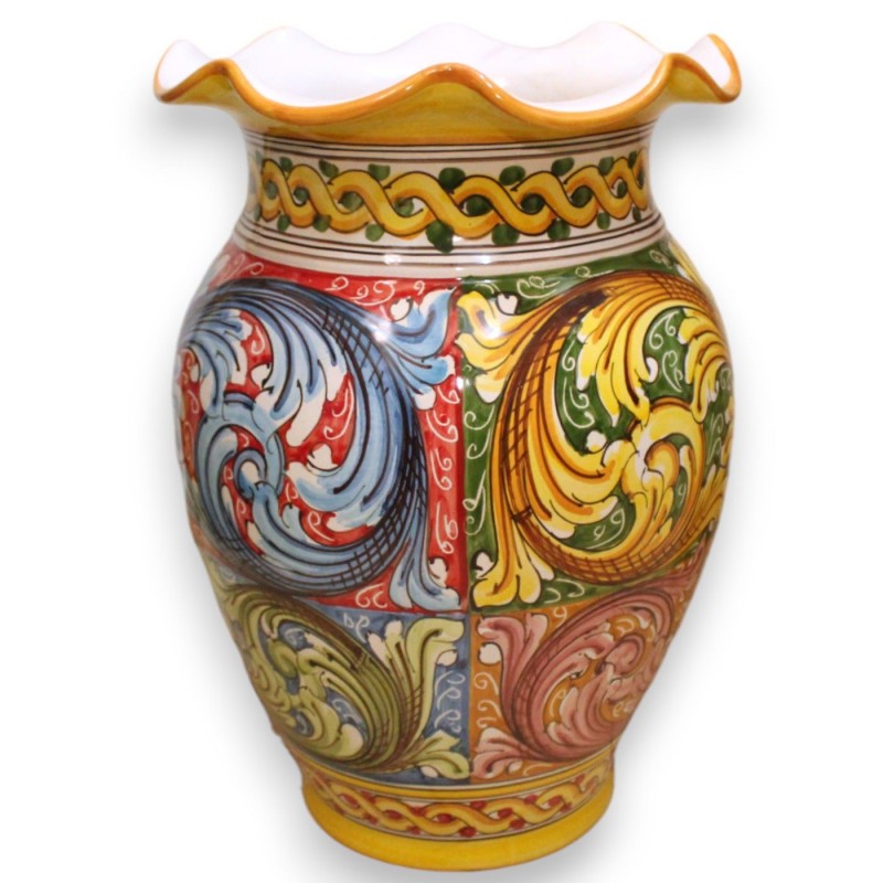 Glasvase mit Wellenschliff, ca. H 40 x Ø 28 cm. Caltagirone-Keramik mit barockem Mehrfarben- und Zopfdekor - 
