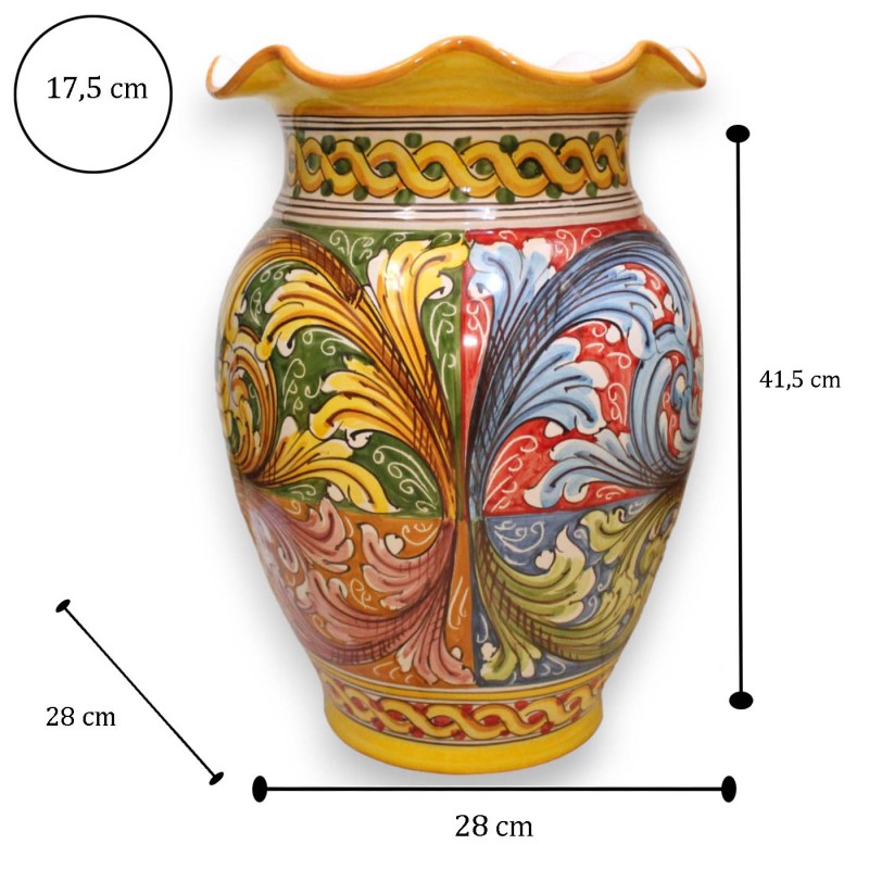Glasvase mit Wellenschliff, ca. H 40 x Ø 28 cm. Caltagirone-Keramik mit barockem Mehrfarben- und Zopfdekor - 
