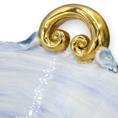 Centerpiece with handles, in Caltagirone ceramic, L 55 x h 30 cm approx. Modern decoration with 24k pure gold enamel - 