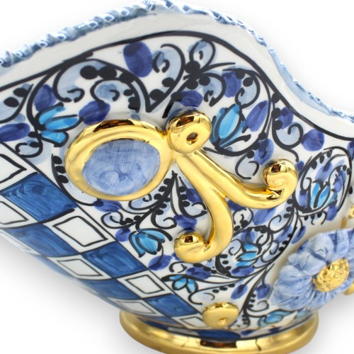 Centro de mesa con asas, en cerámica Caltagirone, L 55 x h 30 cm aprox. Decoración moderna con esmalte de oro puro de 24 2