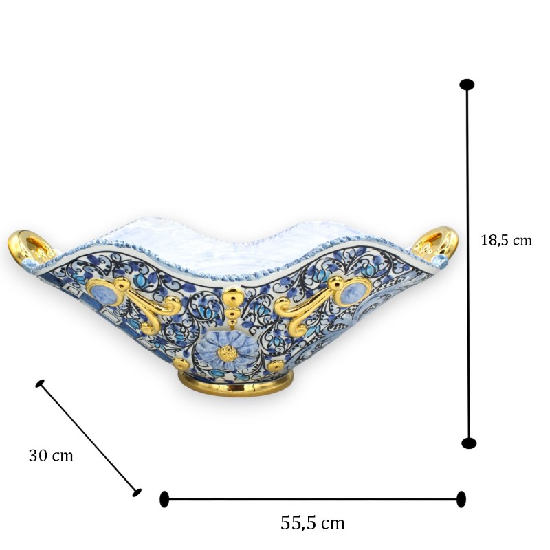 Centre de table avec poignées, en céramique Caltagirone, L 55 x h 30 cm environ. Décoration moderne avec émail or pur 24