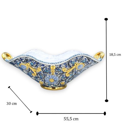 Peça central com alças, em cerâmica Caltagirone, C 55 x aprox. 30 cm. Decoração moderna com esmalte em ouro puro 24k - 