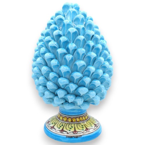 Pomme de Pin en Céramique Sicilienne Caltagirone, Turquoise, deux tailles (1pc) Tige Tresse et décoration feuilles - 