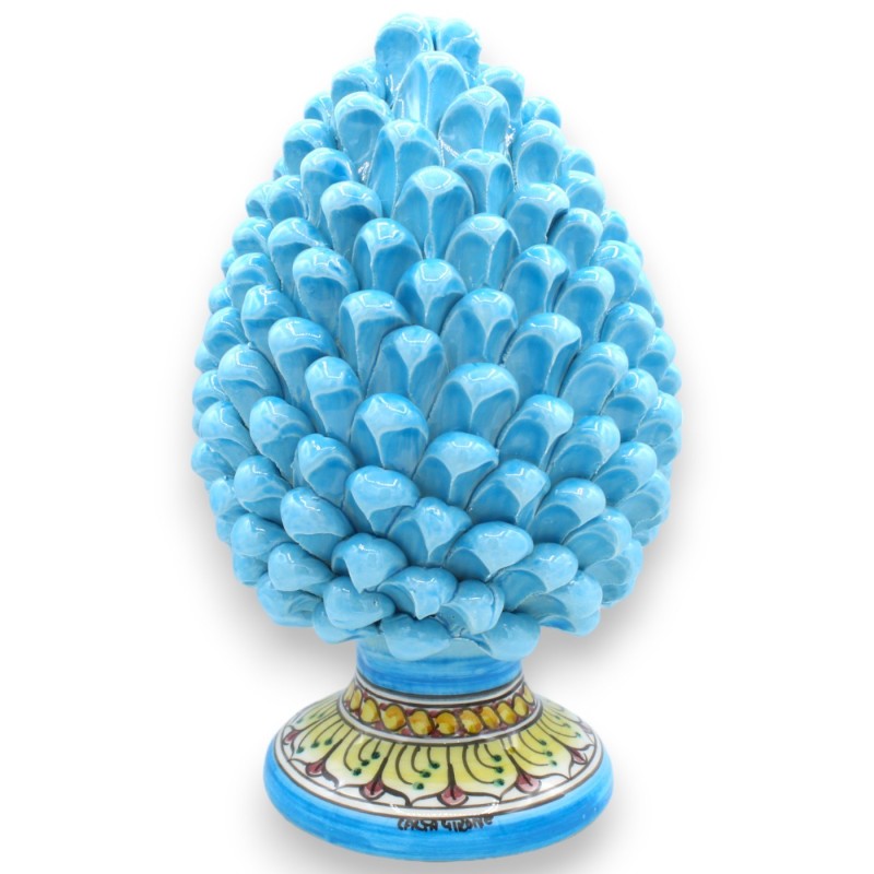 Sicilian Pine Cone Ceramic Caltagirone, Turquoise, two sizes (1pc) Stem Decoration braid and leaves - 