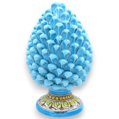 Sicilian Pine Cone Ceramic Caltagirone, Turquoise, two sizes (1pc) Stem Decoration braid and leaves - 