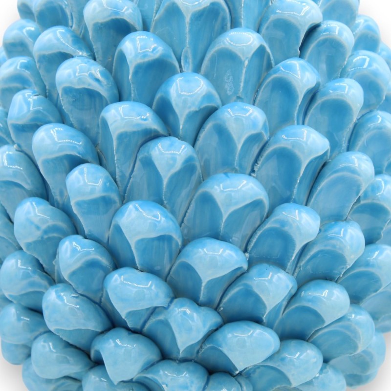 Sicilian Pine Cone Ceramic Caltagirone, Turquoise, two sizes (1pc) Stem Decoration braid and leaves - 