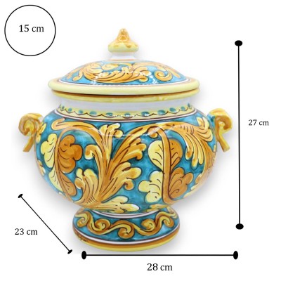 Zuppiera in Ceramica Caltagirone, L 28 x h 27 cm ca. decoro barocco palmetta e fondo verderame - 