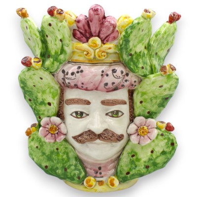 Siciliansk mörkbrunt huvud med krona (1 st) h 25 cm ca. Caltagirone keramik Tillämpningar av blommor och prickly pear bl