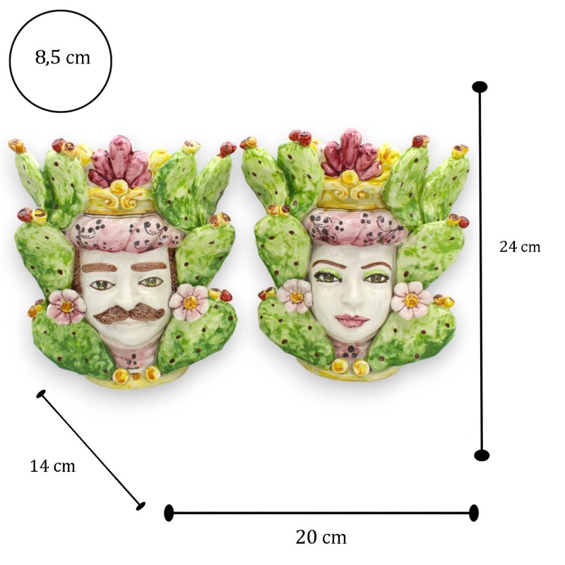 Sicilian Moor's Head with Crown (1pc) h 25 cm approx. Caltagirone ceramic Applications of flowers and prickly pear blade
