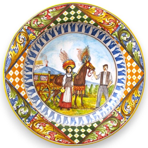Piatto Ornamentale a falda, ceramica Caltagirone, Ø 55 cm ca. decoro Carretto Siciliano e barocco - 