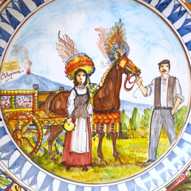 Ornamental plate with a rim, Caltagirone ceramic, Ø 55 cm approx. Sicilian cart and baroque decoration - 