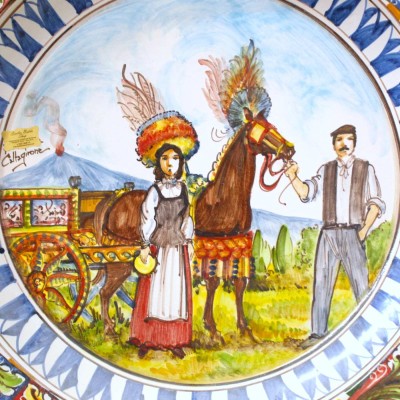 Ornamental plate with a rim, Caltagirone ceramic, Ø 55 cm approx. Sicilian cart and baroque decoration - 