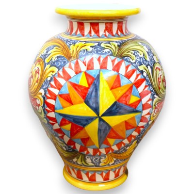 Boccia Vase, h 40 x Ø 30 cm approx. Caltagirone ceramic with Wind Rose and Multicoloured Baroque decoration - 