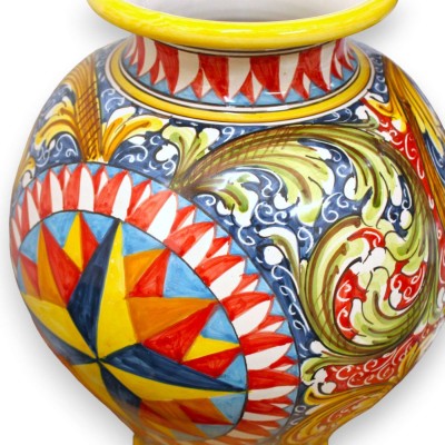 Boccia Vase, h 40 x Ø 30 cm approx. Caltagirone ceramic with Wind Rose and Multicoloured Baroque decoration - 