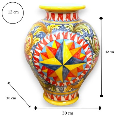 Schalenvase, H 40 x Ø 30 cm ca. Caltagirone-Keramik mit Windrose und mehrfarbigem Barockdekor - 