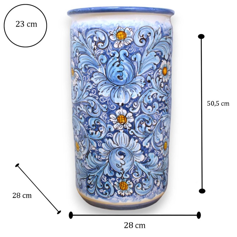 Paragüero cilíndrico de cerámica siciliana, altura 50 cm aprox. decoración barroca con flores sobre fondo azul y turques